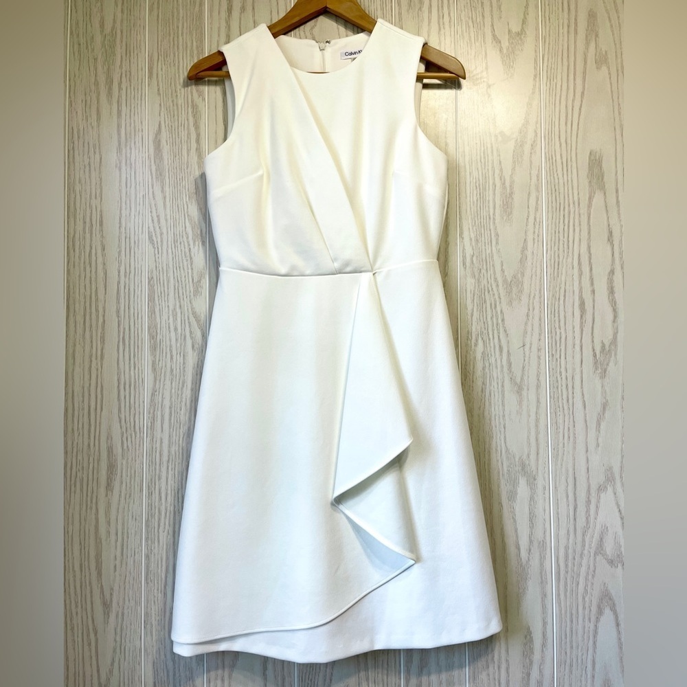 Calvin Klein White Ruffle Front Sleeveless Cocktail Dress